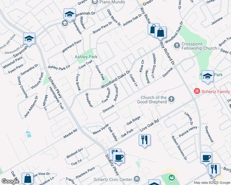 map of restaurants, bars, coffee shops, grocery stores, and more near 2633 Cotton King in Schertz