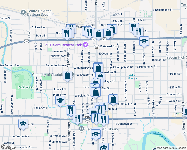 map of restaurants, bars, coffee shops, grocery stores, and more near 722 North Austin Street in Seguin