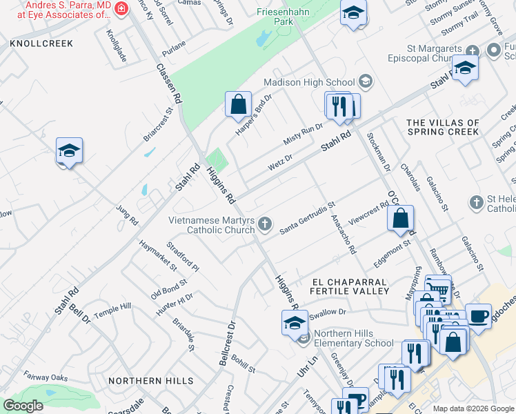 map of restaurants, bars, coffee shops, grocery stores, and more near 4522 Adanac Court in San Antonio
