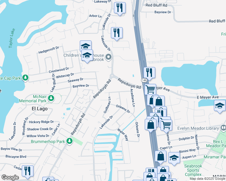 map of restaurants, bars, coffee shops, grocery stores, and more near 2614 Vermillion Drive in Seabrook