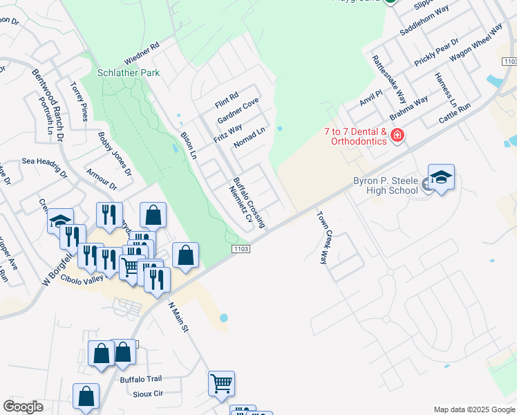 map of restaurants, bars, coffee shops, grocery stores, and more near 200 Grooms Road in Cibolo