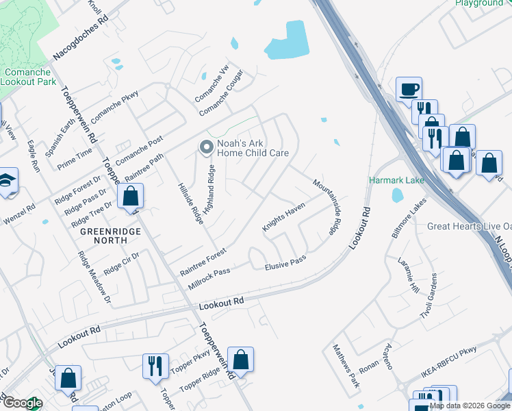 map of restaurants, bars, coffee shops, grocery stores, and more near 6930 Raintree Forest in San Antonio