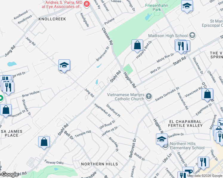 map of restaurants, bars, coffee shops, grocery stores, and more near 4456-4512 Stahl Road in San Antonio
