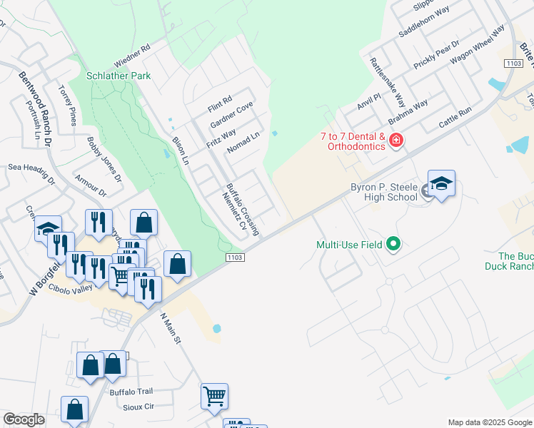 map of restaurants, bars, coffee shops, grocery stores, and more near 217 Grooms Road in Cibolo