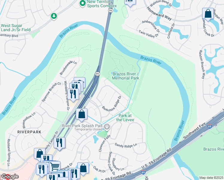 map of restaurants, bars, coffee shops, grocery stores, and more near 2019 Canyon Crest Drive in Sugar Land
