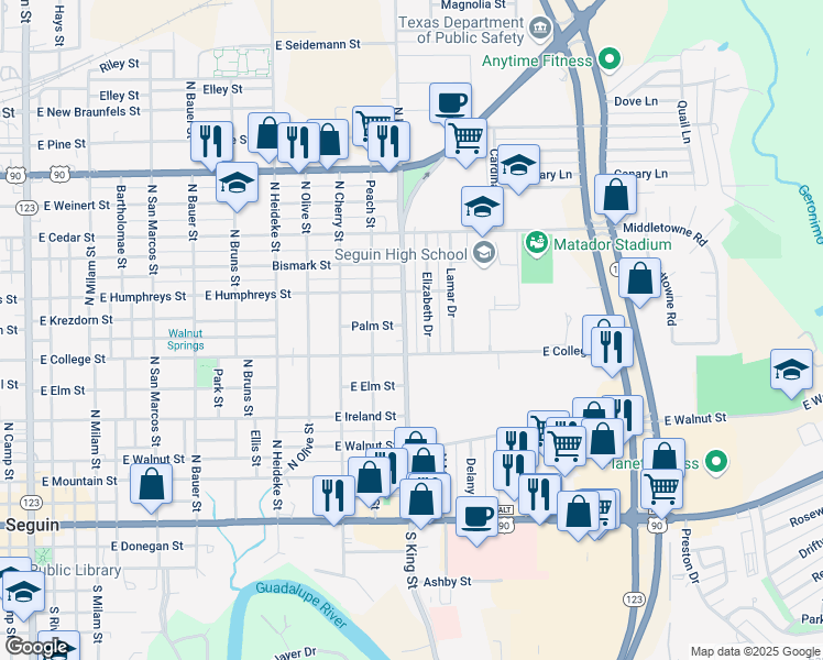 map of restaurants, bars, coffee shops, grocery stores, and more near 711 North King Street in Seguin