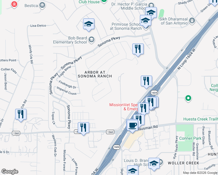 map of restaurants, bars, coffee shops, grocery stores, and more near 8751 Feather Trail in Helotes