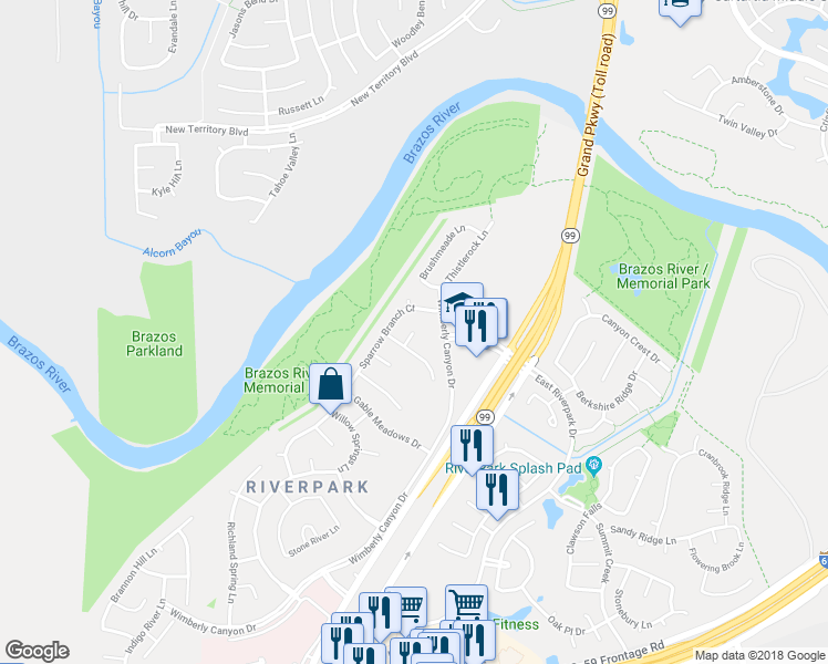 map of restaurants, bars, coffee shops, grocery stores, and more near 2301 Stoneburg Court in Sugar Land