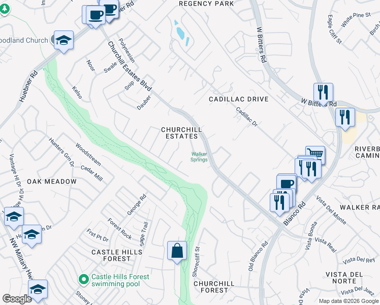 map of restaurants, bars, coffee shops, grocery stores, and more near 2010 Riva Ridge St in San Antonio
