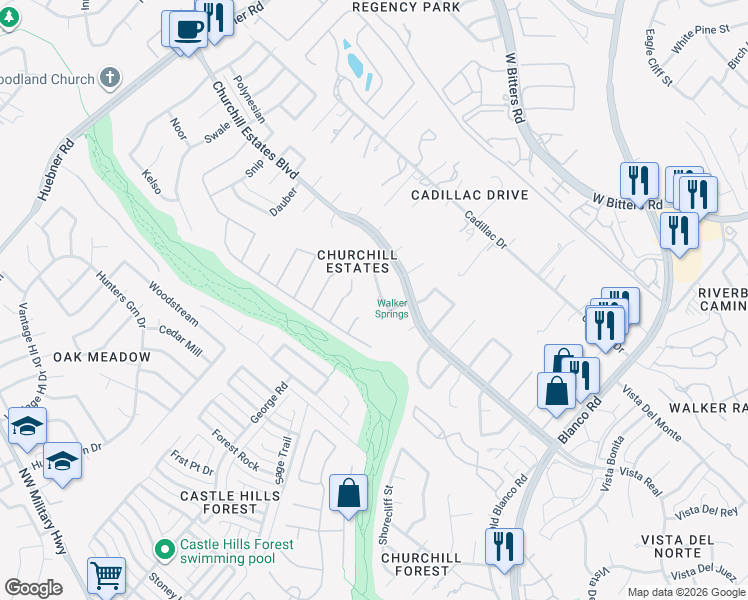 map of restaurants, bars, coffee shops, grocery stores, and more near 2010 Riva Ridge Street in San Antonio