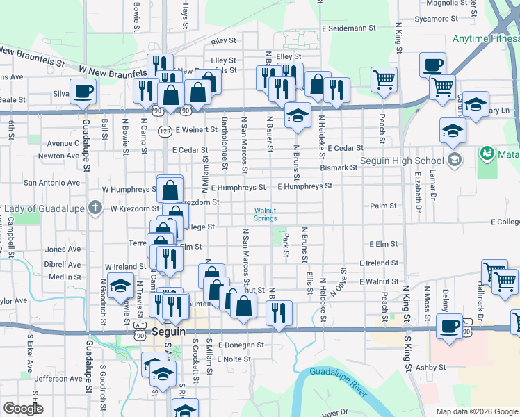 map of restaurants, bars, coffee shops, grocery stores, and more near 620 Hackberry Street in Seguin