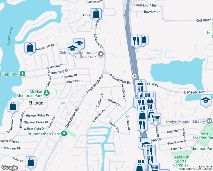 map of restaurants, bars, coffee shops, grocery stores, and more near 2614 Vermillion Drive in Seabrook