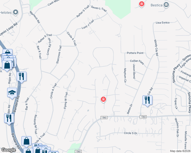map of restaurants, bars, coffee shops, grocery stores, and more near 14045 Magnolia Way in Helotes