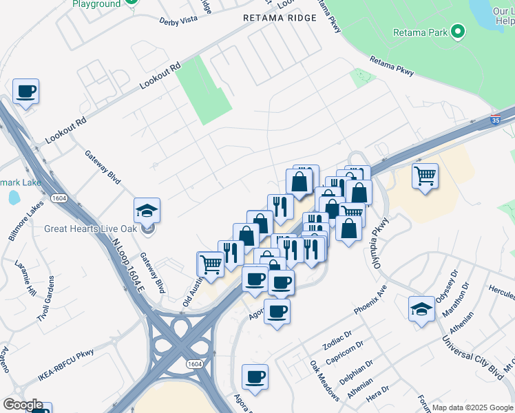 map of restaurants, bars, coffee shops, grocery stores, and more near 8149 Old Austin Road in Selma
