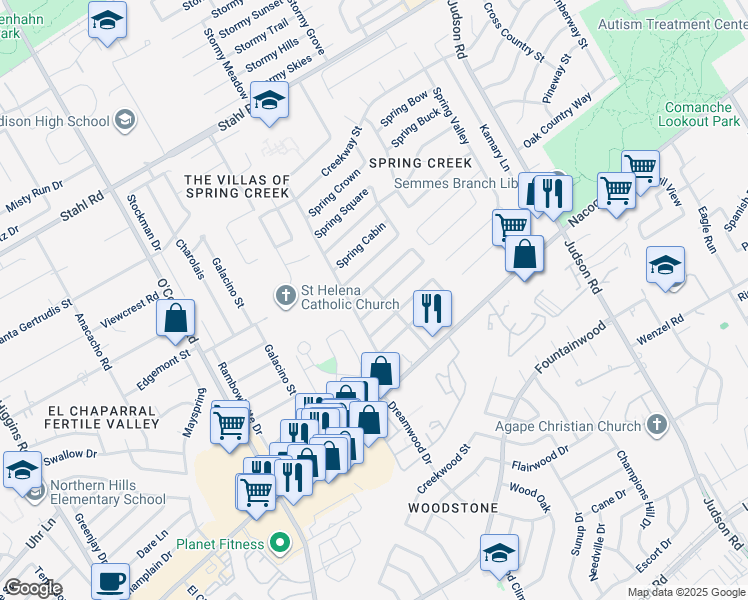 map of restaurants, bars, coffee shops, grocery stores, and more near 5627 Spring Watch in San Antonio