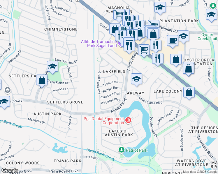 map of restaurants, bars, coffee shops, grocery stores, and more near 4511 Ranger Run in Sugar Land