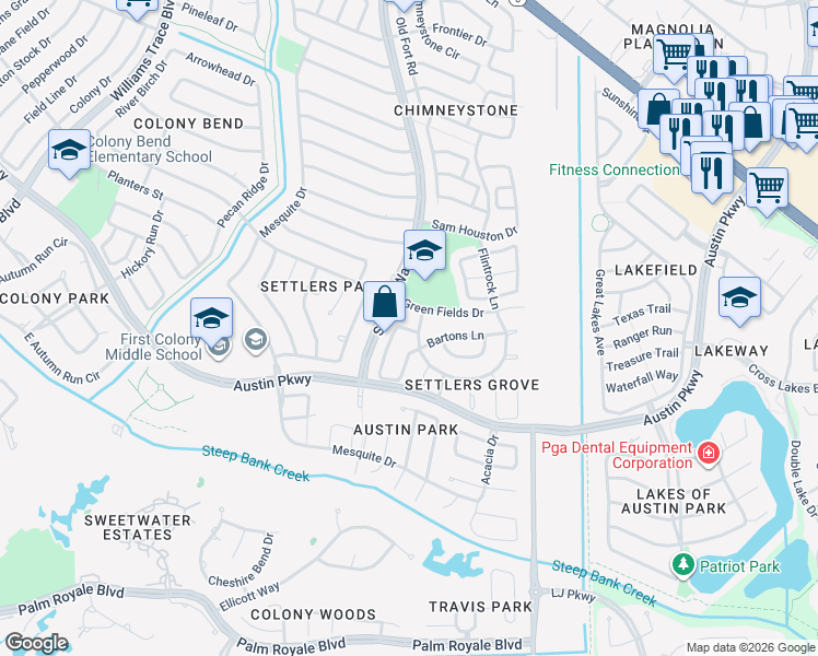 map of restaurants, bars, coffee shops, grocery stores, and more near 2106 Battle Ridge Lane in Sugar Land
