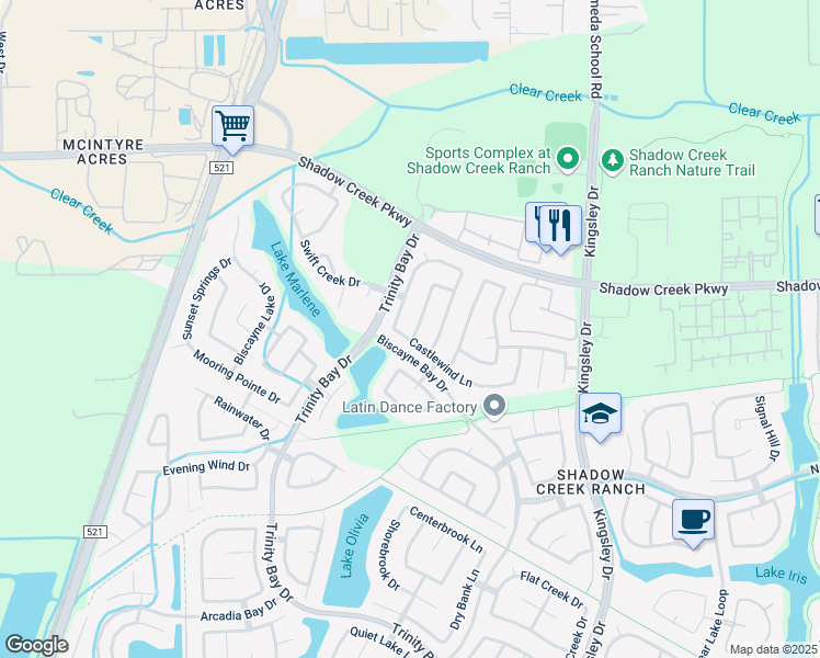 map of restaurants, bars, coffee shops, grocery stores, and more near 2023 Running Brook Lane in Pearland