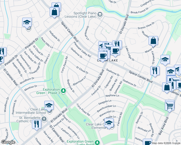 map of restaurants, bars, coffee shops, grocery stores, and more near 15506 Saint Cloud Drive in Houston