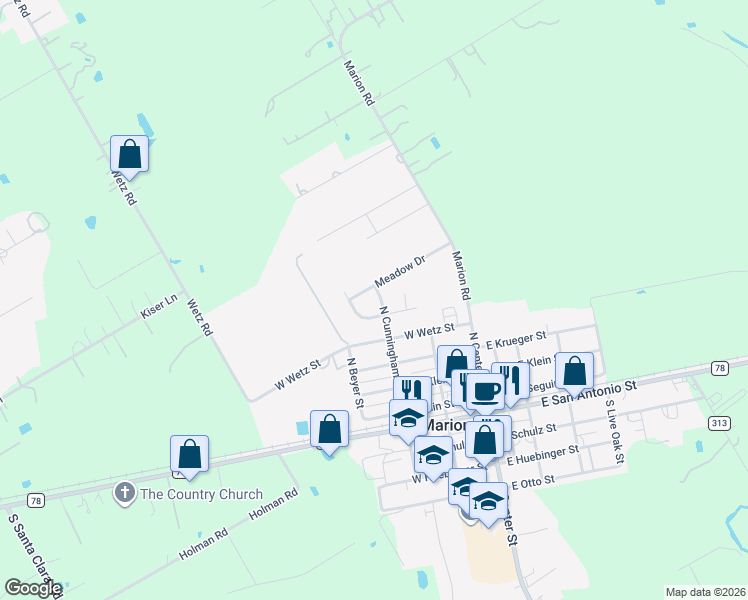 map of restaurants, bars, coffee shops, grocery stores, and more near 602 North Cunningham Street in Marion