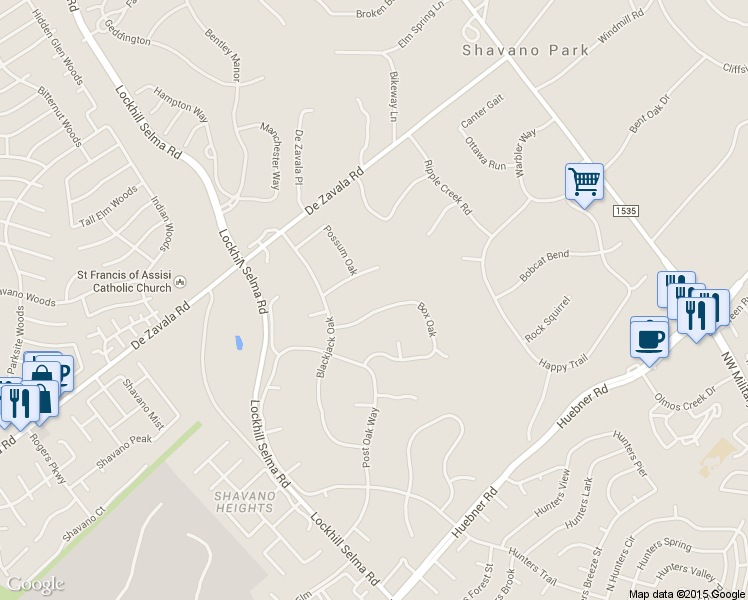 map of restaurants, bars, coffee shops, grocery stores, and more near 320 Box Oak in Shavano Park