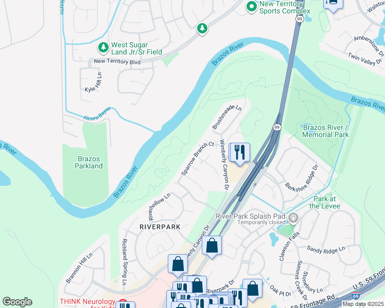 map of restaurants, bars, coffee shops, grocery stores, and more near 2406 Sparrow Branch Court in Sugar Land