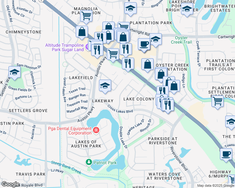 map of restaurants, bars, coffee shops, grocery stores, and more near 2838 Double Lake Drive in Missouri City