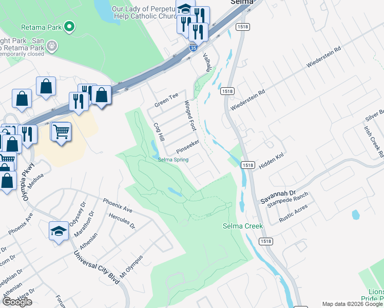 map of restaurants, bars, coffee shops, grocery stores, and more near 9119 Hampton Hills in Schertz