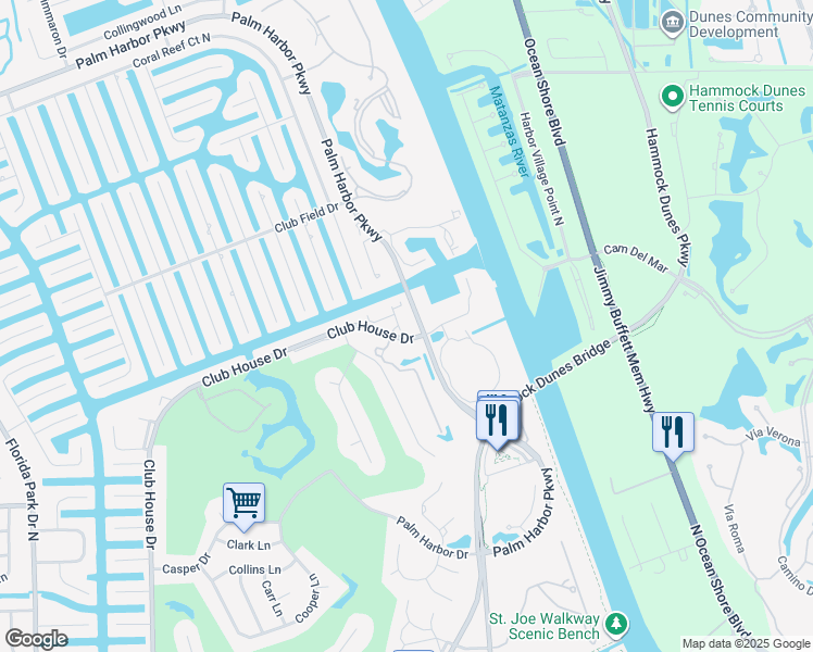 map of restaurants, bars, coffee shops, grocery stores, and more near 114 Club House Drive in Palm Coast