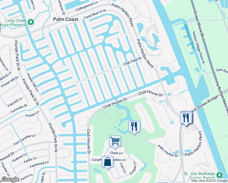 map of restaurants, bars, coffee shops, grocery stores, and more near 24 Cloverdale Court South in Palm Coast