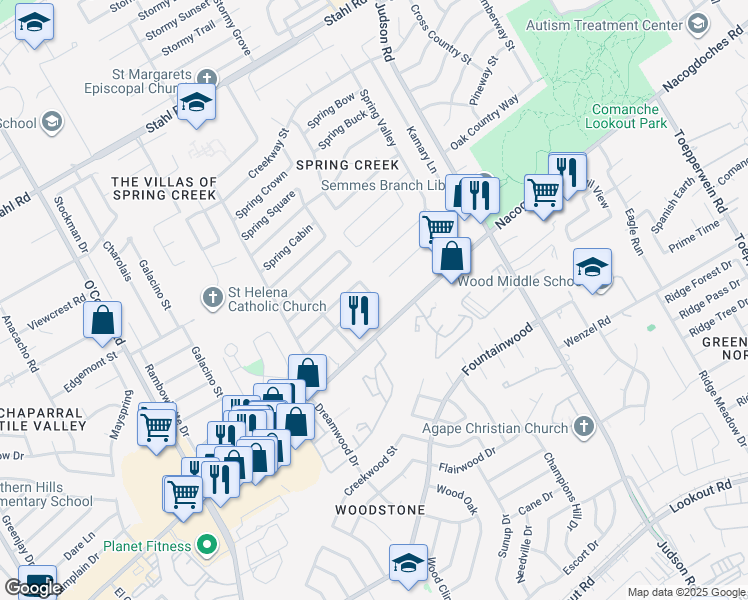 map of restaurants, bars, coffee shops, grocery stores, and more near 5754 Spring Moon Street in San Antonio