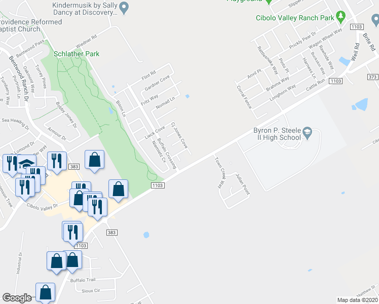map of restaurants, bars, coffee shops, grocery stores, and more near 208 Cj Jones Cove in Cibolo