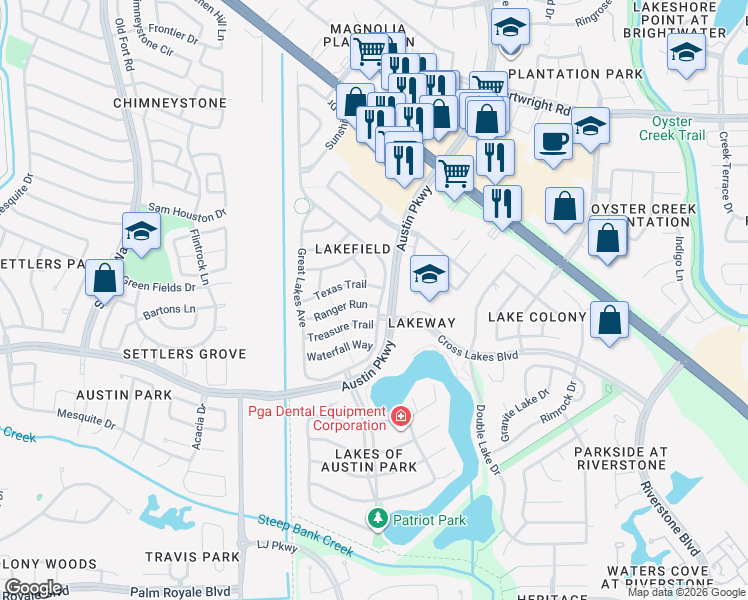 map of restaurants, bars, coffee shops, grocery stores, and more near 3010 Lakefield Way in Sugar Land
