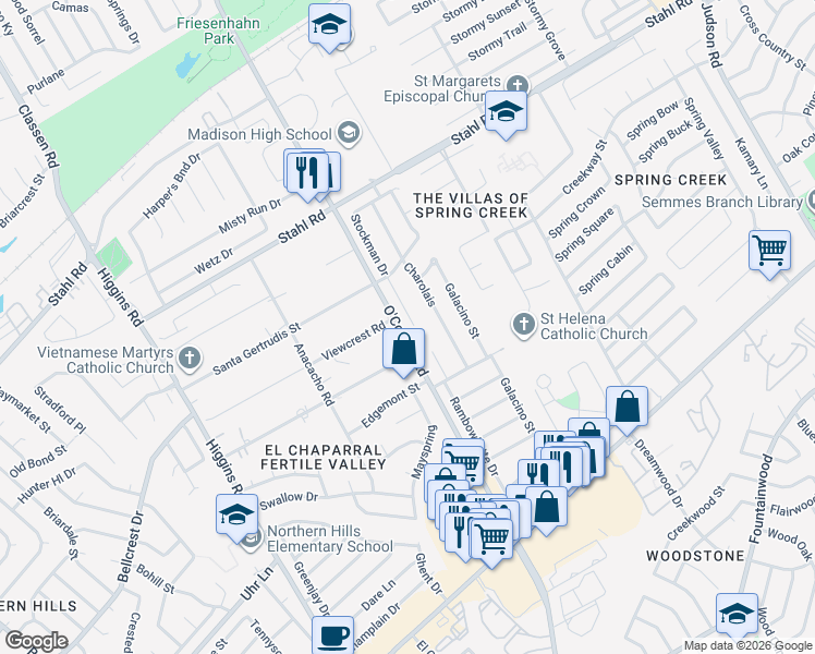 map of restaurants, bars, coffee shops, grocery stores, and more near 5142 Stockman Drive in San Antonio