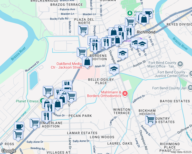 map of restaurants, bars, coffee shops, grocery stores, and more near 1530 Austin Street in Richmond