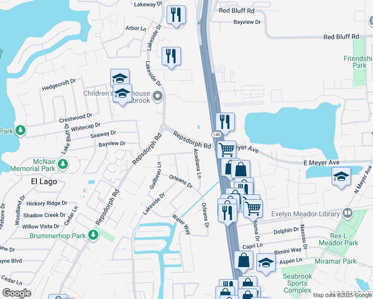 map of restaurants, bars, coffee shops, grocery stores, and more near 2510 Vermillion Drive in Seabrook