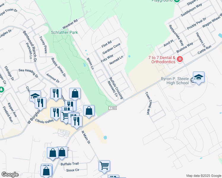 map of restaurants, bars, coffee shops, grocery stores, and more near 133 Bison Lane in Cibolo