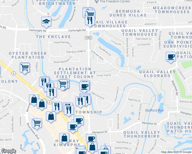 map of restaurants, bars, coffee shops, grocery stores, and more near 3607 Covey Trail Drive in Missouri City