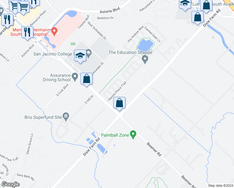 map of restaurants, bars, coffee shops, grocery stores, and more near 11878 Ramla Place Trail in Houston