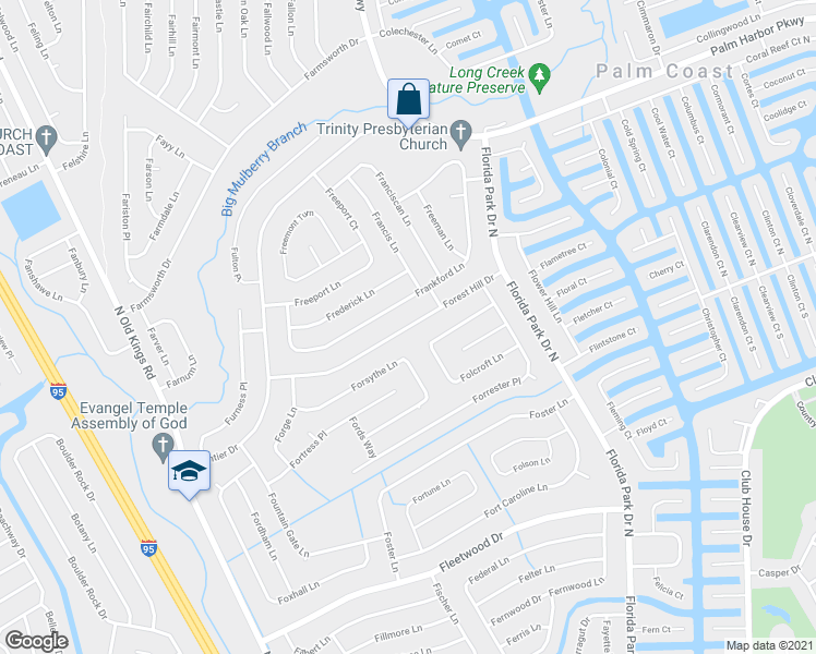 map of restaurants, bars, coffee shops, grocery stores, and more near 53 Forest Hill Drive in Palm Coast