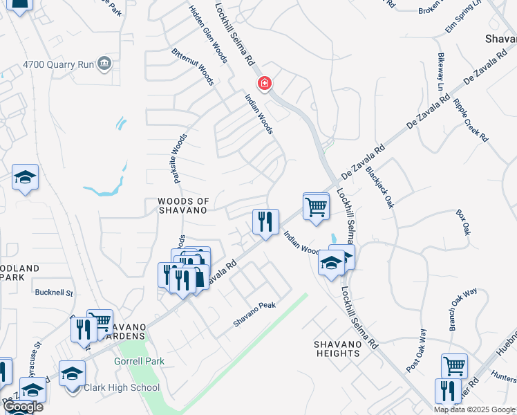 map of restaurants, bars, coffee shops, grocery stores, and more near 4307 Center Oak Woods Street in San Antonio