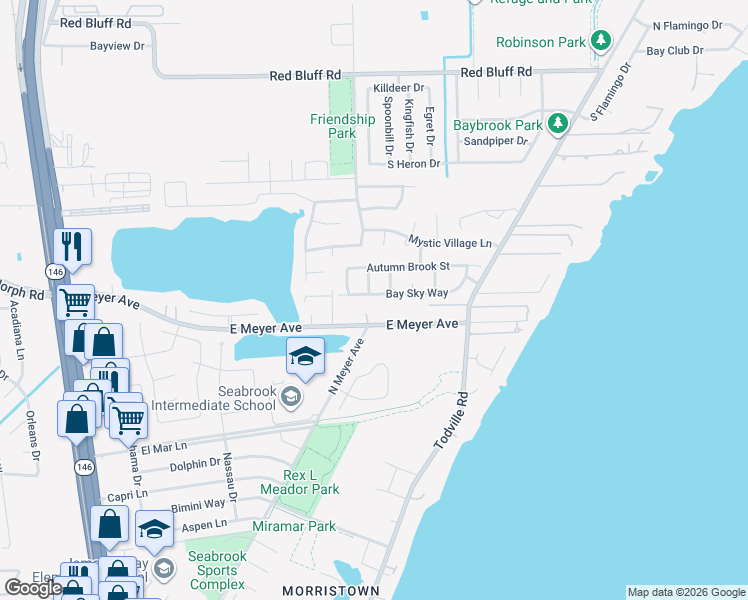 map of restaurants, bars, coffee shops, grocery stores, and more near 1114 Bay Sky Way in Seabrook