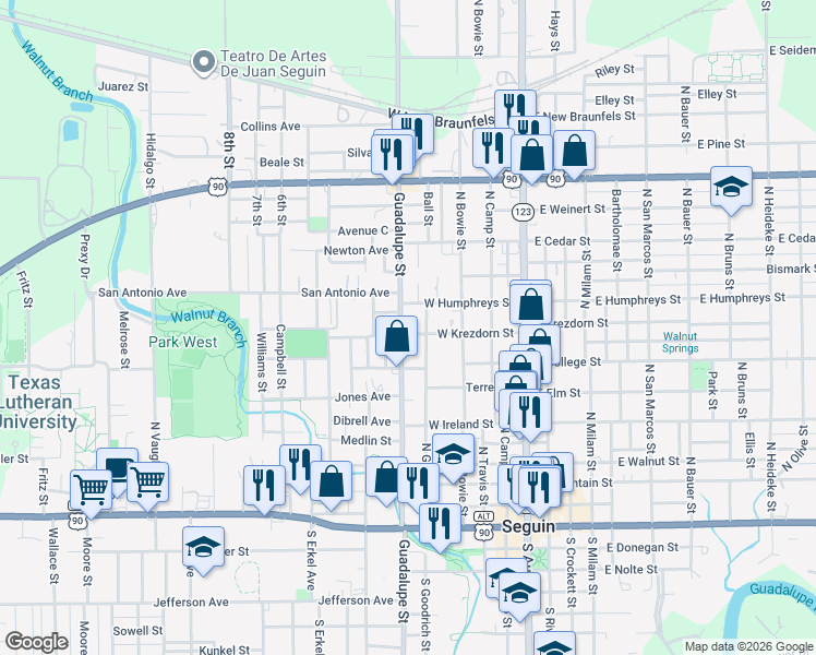 map of restaurants, bars, coffee shops, grocery stores, and more near 412 West Krezdorn Street in Seguin
