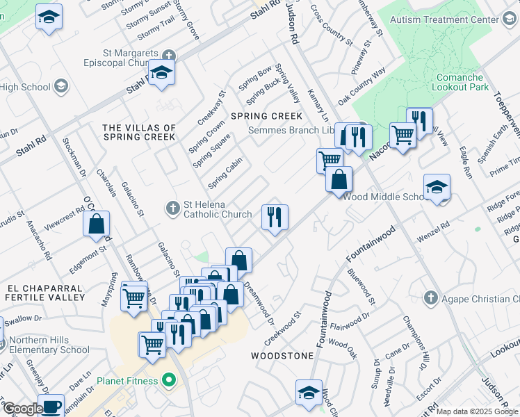 map of restaurants, bars, coffee shops, grocery stores, and more near 5723 South Spring Night Street in San Antonio