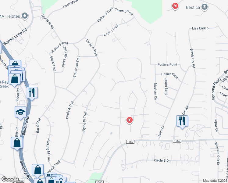 map of restaurants, bars, coffee shops, grocery stores, and more near 14045 Magnolia Way in Helotes