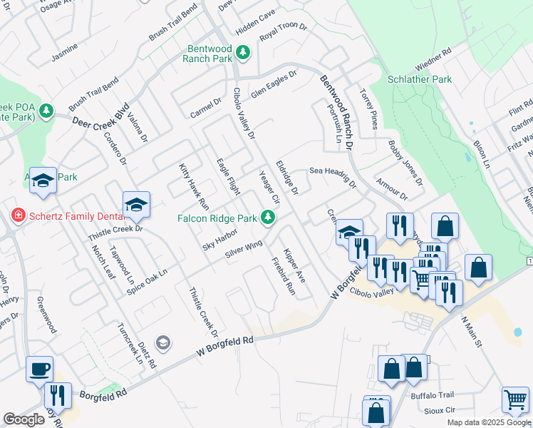 map of restaurants, bars, coffee shops, grocery stores, and more near Night Hawk in Cibolo
