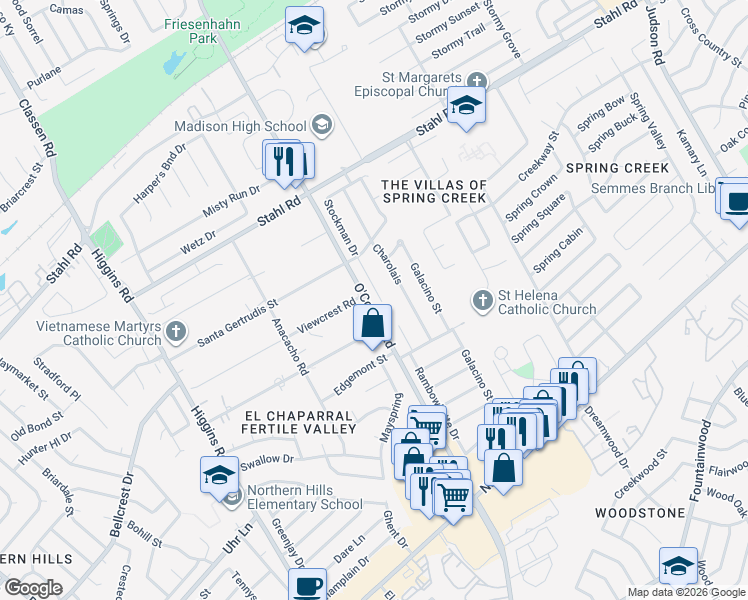 map of restaurants, bars, coffee shops, grocery stores, and more near 5142 Stockman Drive in San Antonio