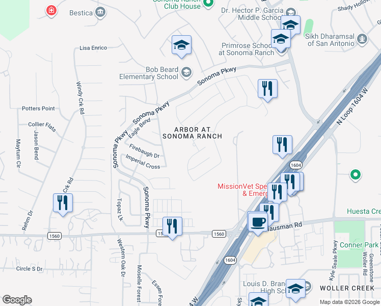 map of restaurants, bars, coffee shops, grocery stores, and more near 8723 Redwood Bend in Helotes