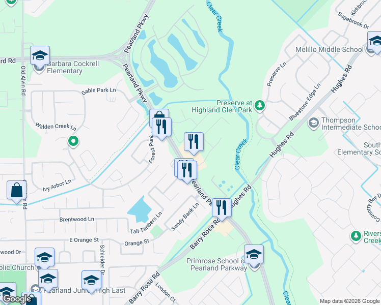 map of restaurants, bars, coffee shops, grocery stores, and more near 1851 Pearland Parkway in Pearland