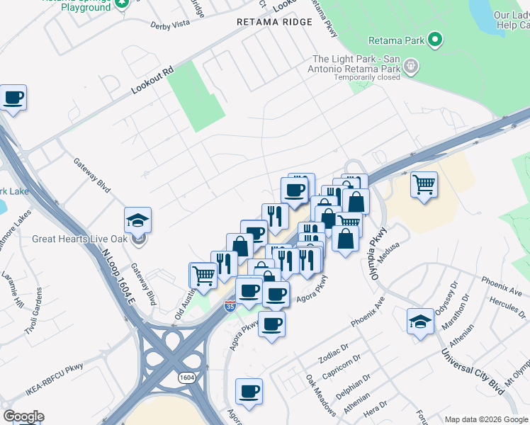 map of restaurants, bars, coffee shops, grocery stores, and more near 8149 Old Austin Road in Selma